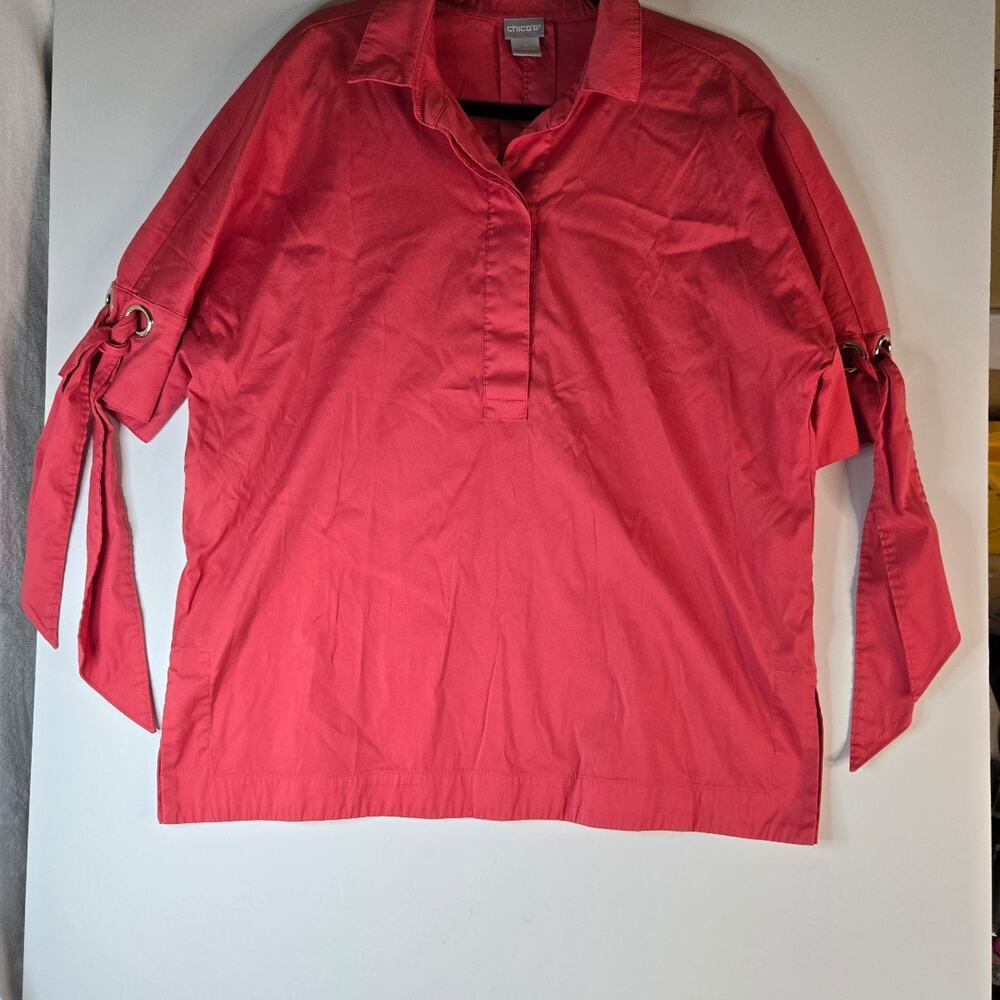 Chico’s Pink Coral V-Neck Popover Shirt Sleeve Top Women’s Size 1 XL